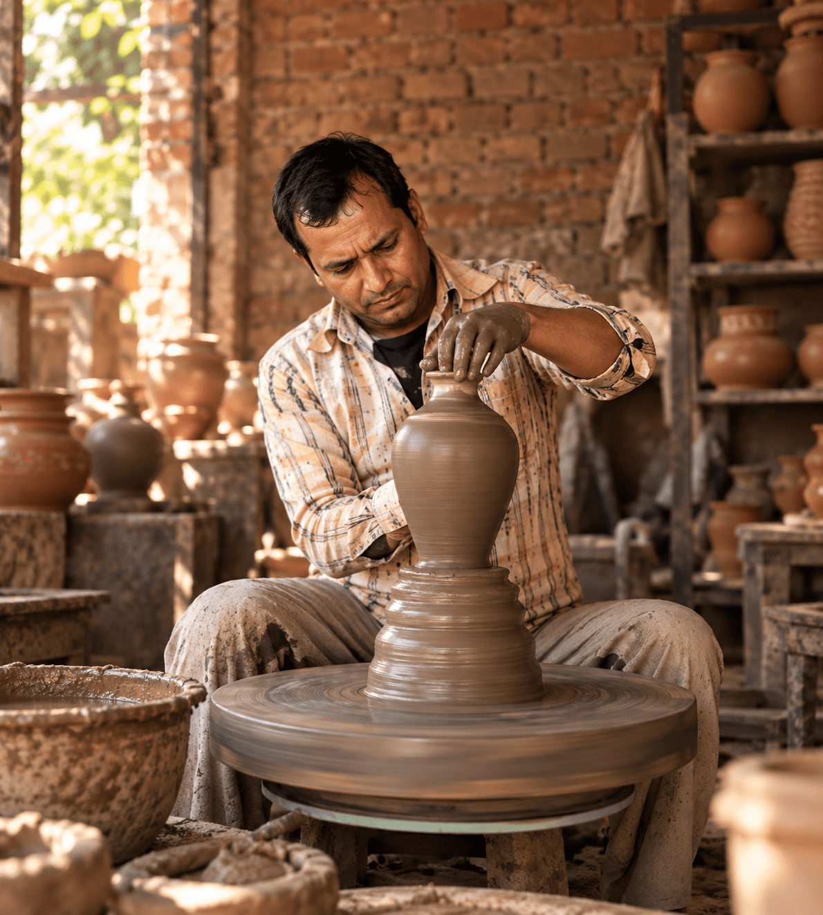 A potter shaping a clay pot on the wheel in his workshop