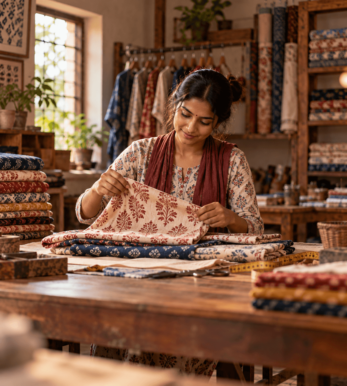 A textile seller laying out block-printed fabric in her shop